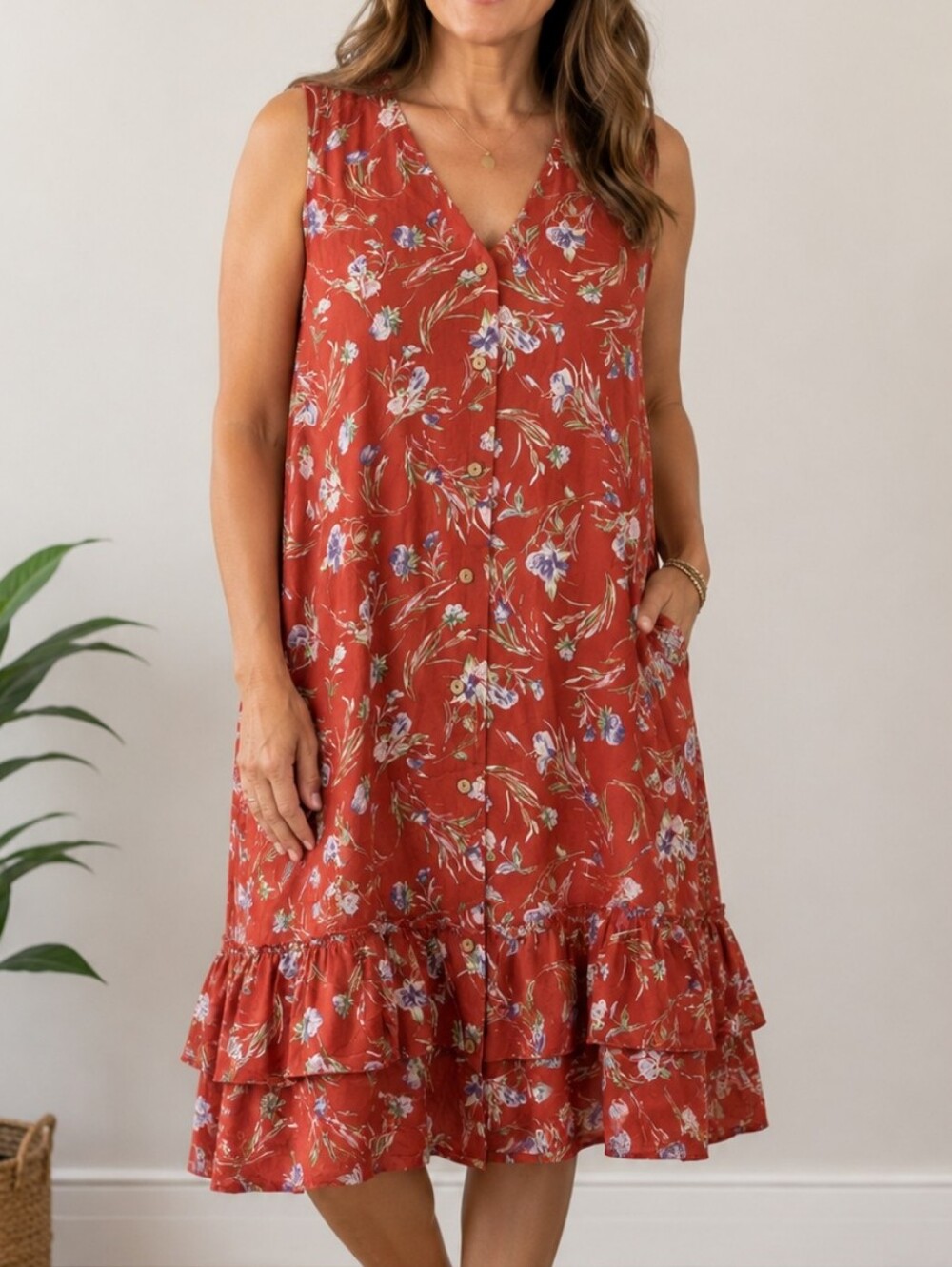 NWT Suzanne Betro Boho Full Button Front Floral Midi Dress Rust Size L